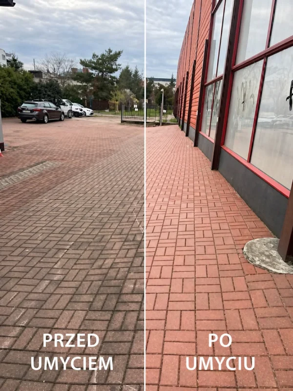 Mycie kostki brukowej — efekt przed i po myciu ciśnieniowym.